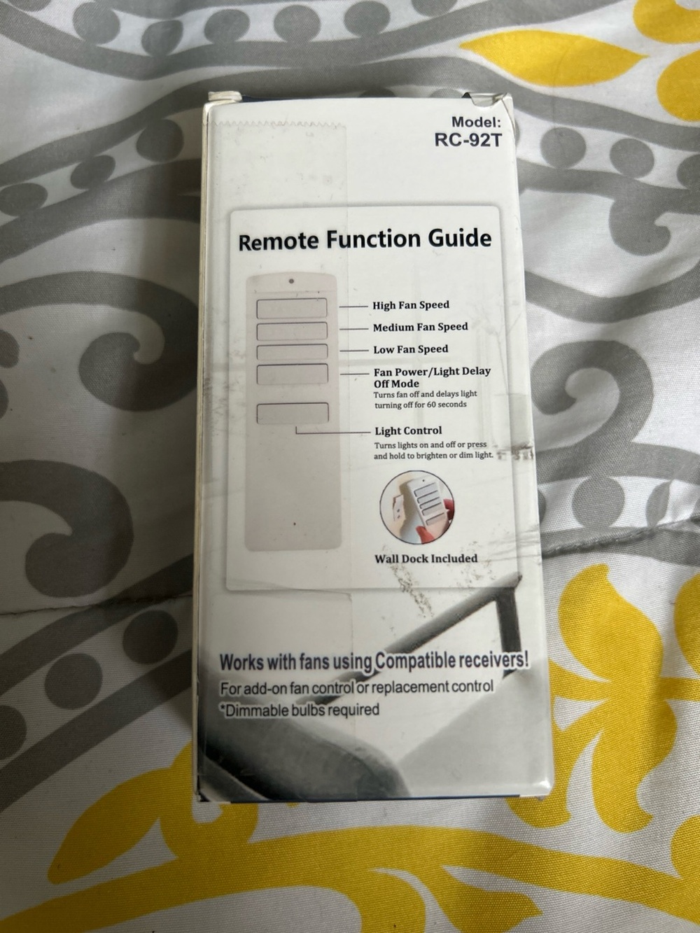 Ceiling Fan Remote Control RC-92T — with Wall Dock